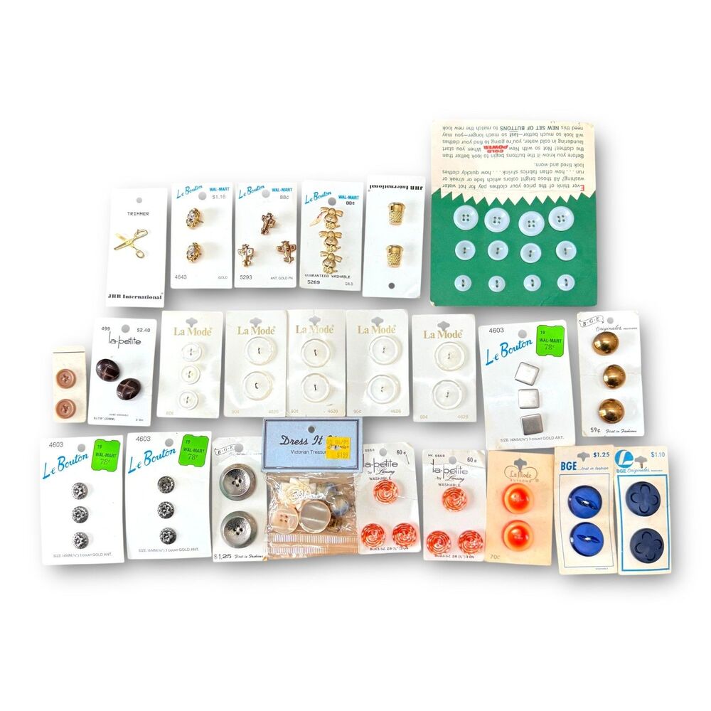 Vintage Buttons Lot of 50+ Buttons 25 Cards NOS Gold Funky Eclectic Sewing 90s